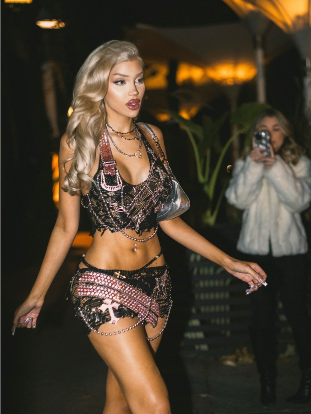 Sequin Beaded Crop Top & Mini Skirt Set - Pink & Black